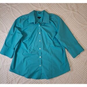 Talbots Size 18W Wrinkle Resistant Womens Button Up Blouse Turquoise 3/4 Sleeves